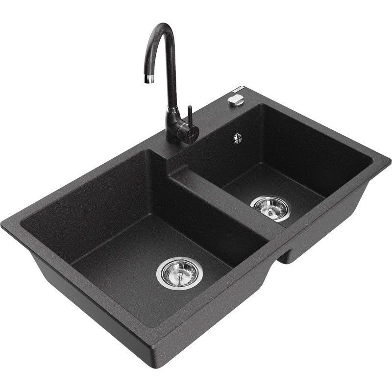 Mexen Tomas 2-Kammer-Graniteinbauspüle mit Küchenarmatur Telma, schwarz gesprenkelt - 6516-76-670200-76