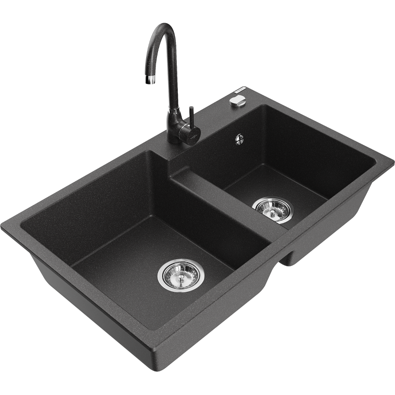 Mexen Tomas granite sink 2-bowl with Telma kitchen mixer, black speckled - 6516-76-670200-76
