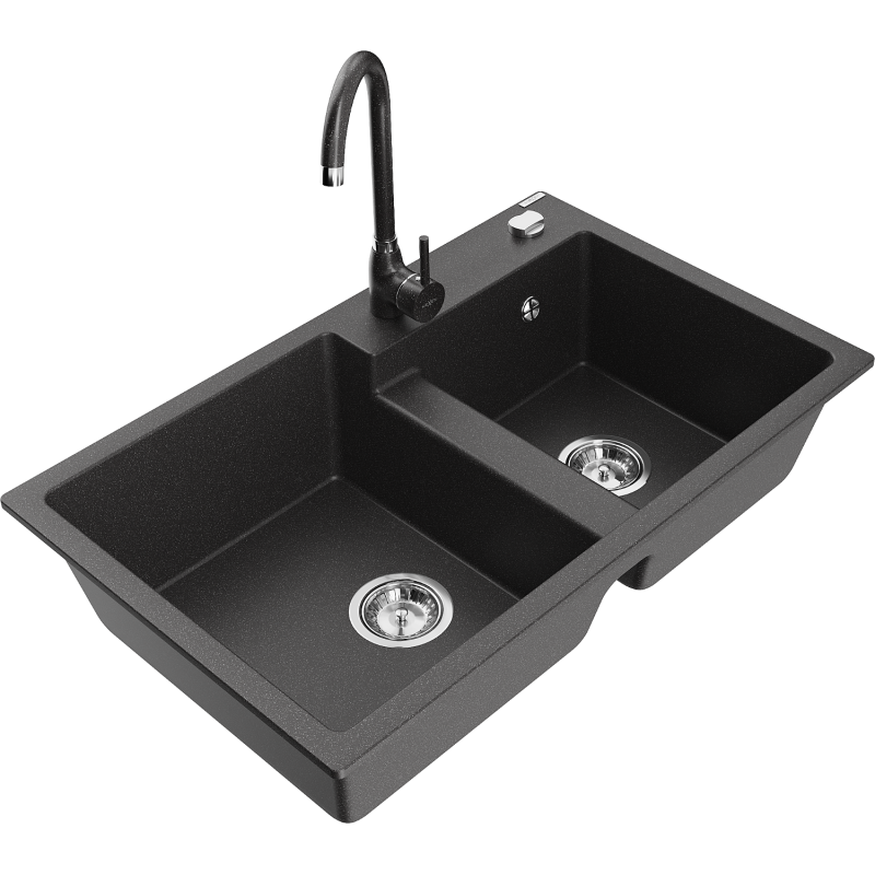 Mexen Tomas lava-loiça de granito 2-cubas com torneira de cozinha Telma, preto salpicado - 6516-76-670200-76
