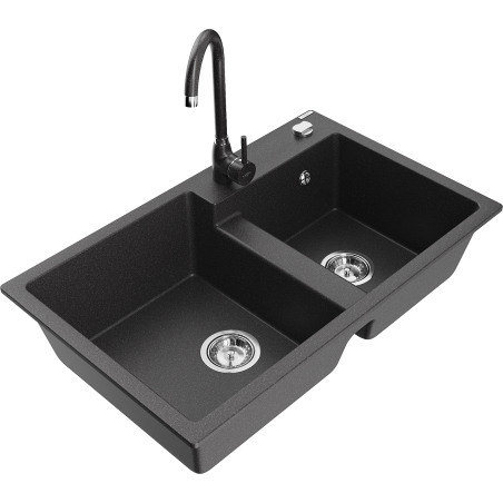 Mexen Tomas granite sink 2-bowl with Telma kitchen mixer, black speckled - 6516-76-670200-76