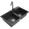 Mexen Tomas granite sink 2-bowl with Telma kitchen mixer, black speckled - 6516-76-670200-76