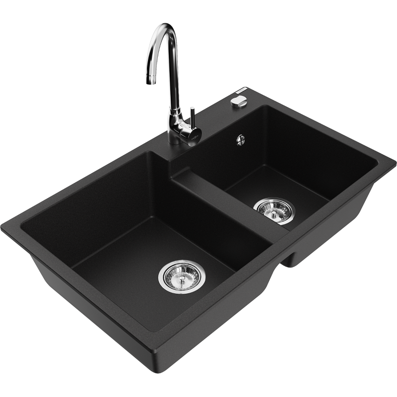 Mexen Tomas 2-bowl granite sink with Telma kitchen tap, black - 6516-77-670200-00