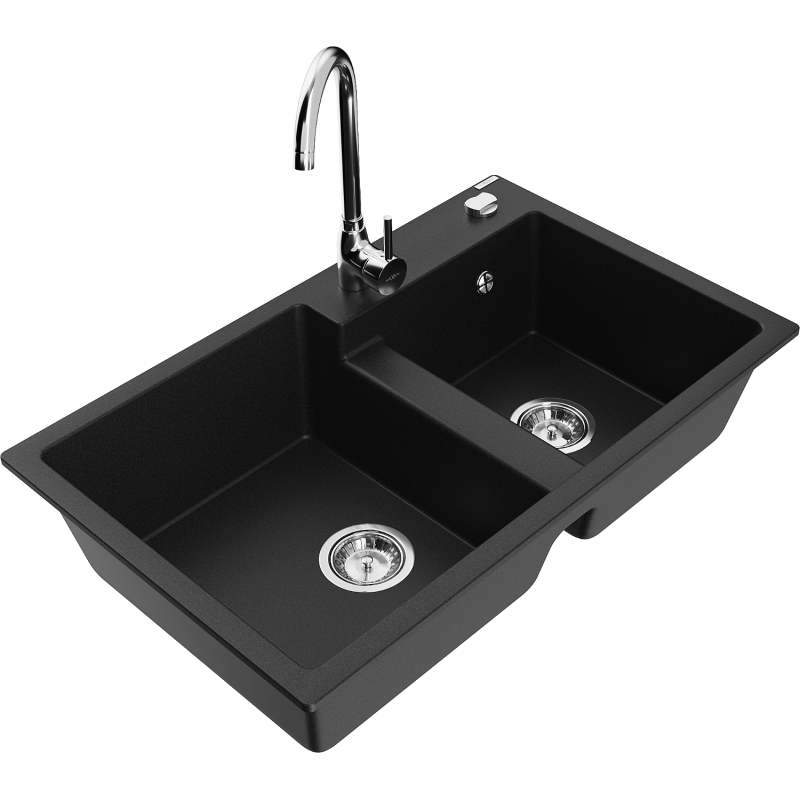Mexen Tomas fregadero de granito de 2 senos con grifo de cocina Telma, negro - 6516-77-670200-00