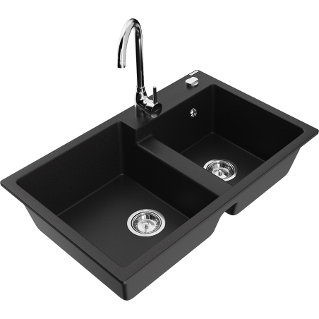 Mexen Tomas 2-bowl granite sink with Telma kitchen tap, black - 6516-77-670200-00