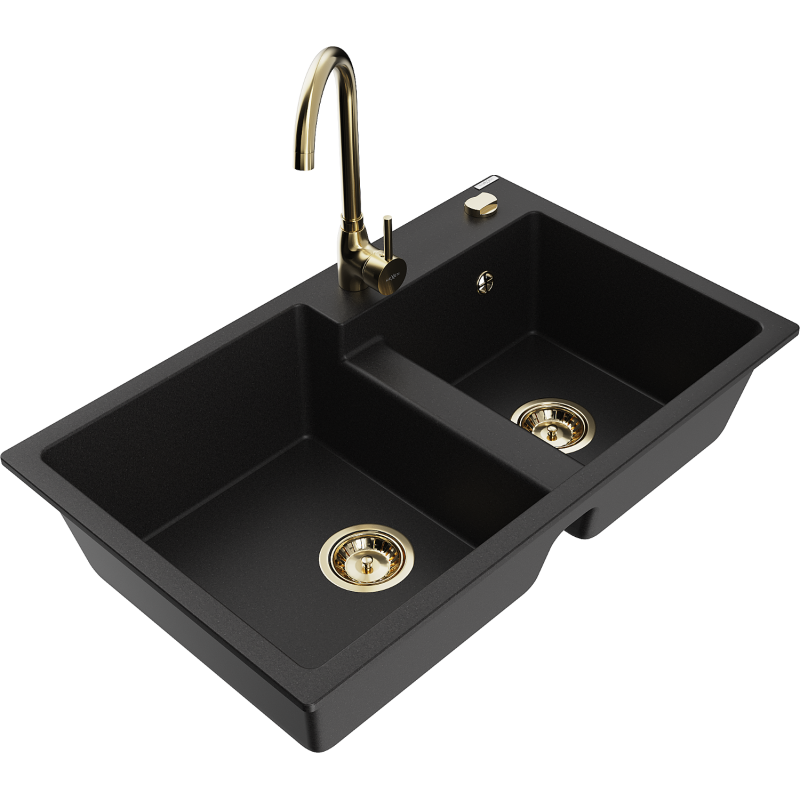 Mexen Tomas granite sink 2-bowl with Telma kitchen tap, black - 6516-77-670200-50