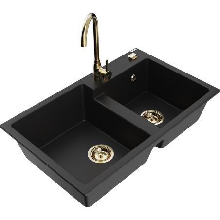 Mexen Tomas granite sink 2-bowl with Telma kitchen tap, black - 6516-77-670200-50