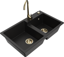 Mexen Tomas granite sink 2-bowl with Telma kitchen tap, black - 6516-77-670200-50