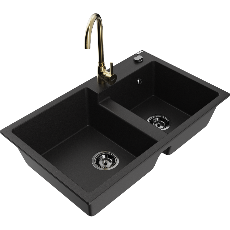 Mexen Tomas fregadero de granito 2 senos con grifo de cocina Telma, negro - 6516-77-670200-50-B