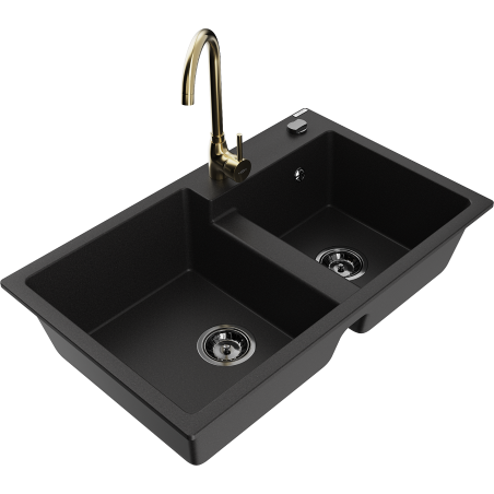 Mexen Tomas granite sink 2-bowl with Telma kitchen tap, black - 6516-77-670200-50-B