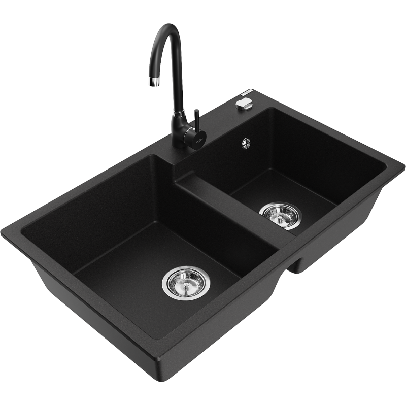 Mexen Tomas fregadero de granito de 2 cubetas con grifo de cocina Telma, negro - 6516-77-670200-70