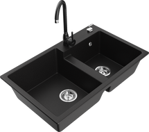 Mexen Tomas granite sink 2-bowl with Telma kitchen tap, black - 6516-77-670200-70