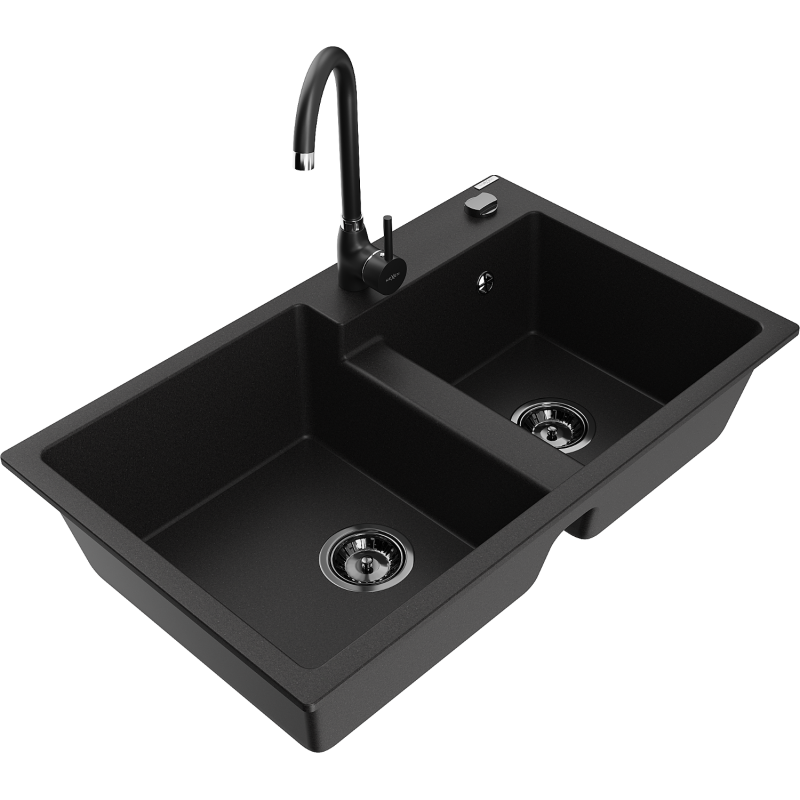 Mexen Tomas Granit-Spullsteen 2-Kammer mat Kichenskran Telma, schwaarz - 6516-77-670200-70-B