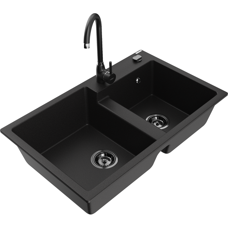 Mexen Tomas granite sink 2-bowl with Telma kitchen tap, black - 6516-77-670200-70-B