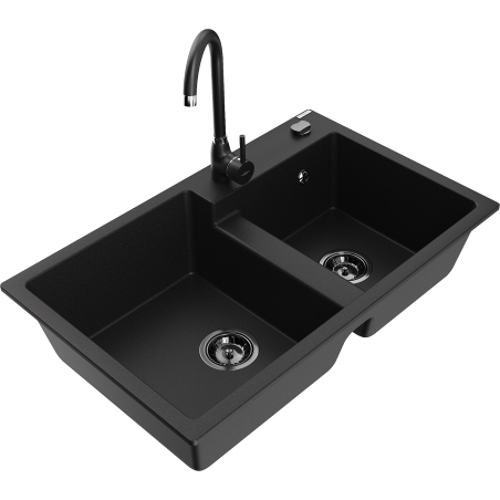 Mexen Tomas fregadero de cocina de granito de 2 compartimentos con grifo de cocina Telma, negro - 6516-77-670200-70-B