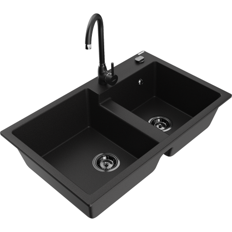 Mexen Tomas granite sink 2-bowl with Telma kitchen tap, black - 6516-77-670200-70-B