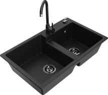 Mexen Tomas granite sink 2-bowl with Telma kitchen tap, black - 6516-77-670200-70-B