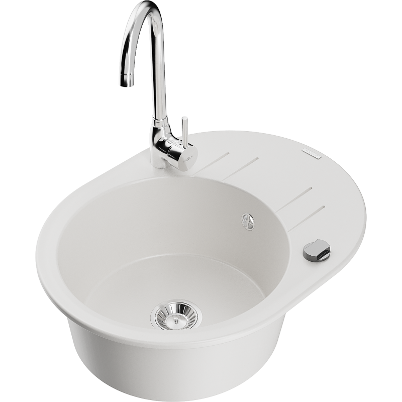 Mexen Kevin fregadero de granito de 1 compartimento con escurridor y grifo de cocina Telma, blanco - 6517-20-670200-00