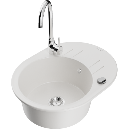 Mexen Kevin single-bowl granite sink with drainer and Telma kitchen tap, white - 6517-20-670200-00