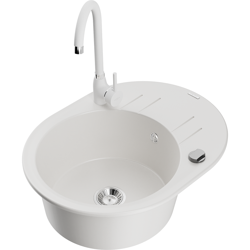 Mexen Kevin fregadero de granito de 1 cámara con escurridor y grifo de cocina Telma, blanco - 6517-20-670200-20