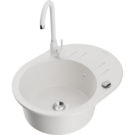 Mexen Kevin 1-bowl granite sink with drainer and Telma kitchen tap, white - 6517-20-670200-20