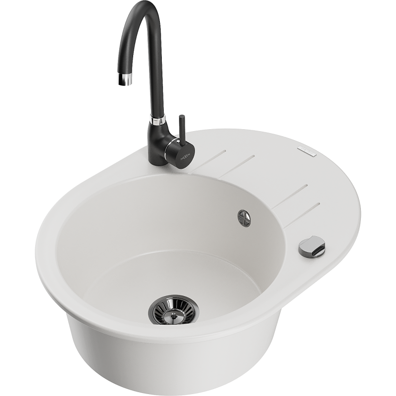 Mexen Kevin fregadero de granito 1-cámara con escurridor y grifo de cocina Telma, blanco - 6517-20-670200-70