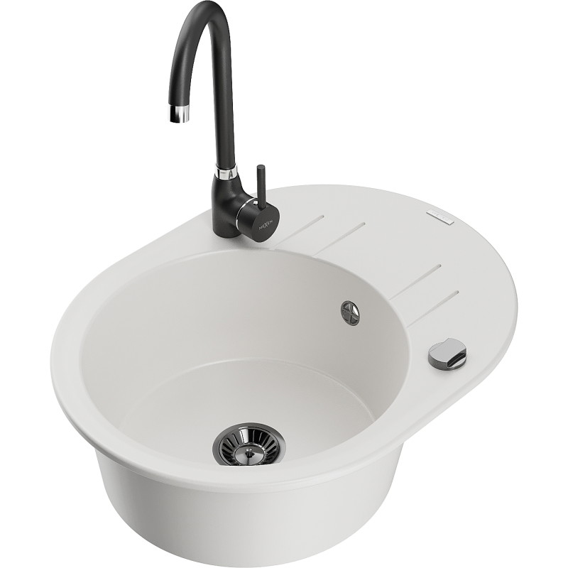 Mexen Kevin fregadero de granito de 1 compartimento con escurridor y grifo de cocina Telma, blanco - 6517-20-670200-70