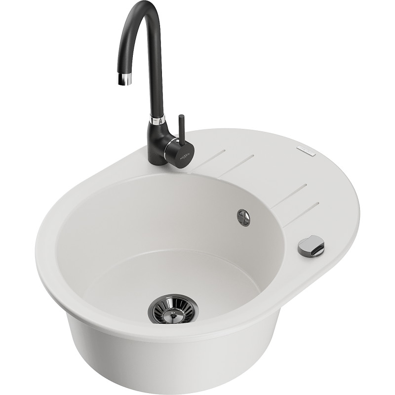 Mexen Kevin single-bowl granite sink with drainer and Telma kitchen tap, white - 6517-20-670200-70