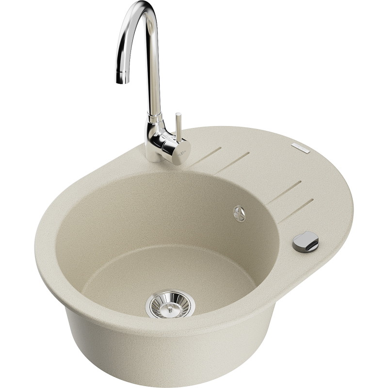 Mexen Kevin granitische spoelbak met 1 bak en afdruipplaat en keukenkraan Telma, beige - 6517-69-670200-00