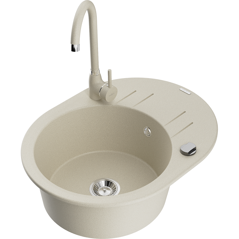 Mexen Kevin fregadero de granito de 1 cubeta con escurridor y grifo de cocina Telma, beige - 6517-69-670200-69