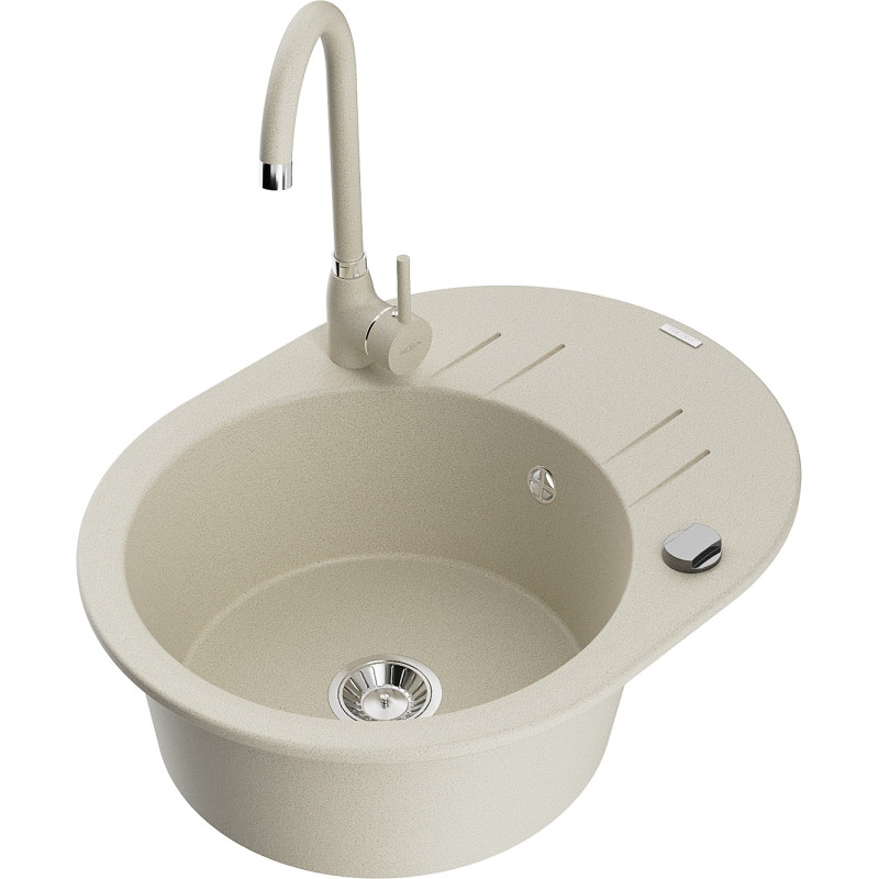 Mexen Kevin fregadero de granito de 1 seno con escurridor y grifo de cocina Telma, beige - 6517-69-670200-69