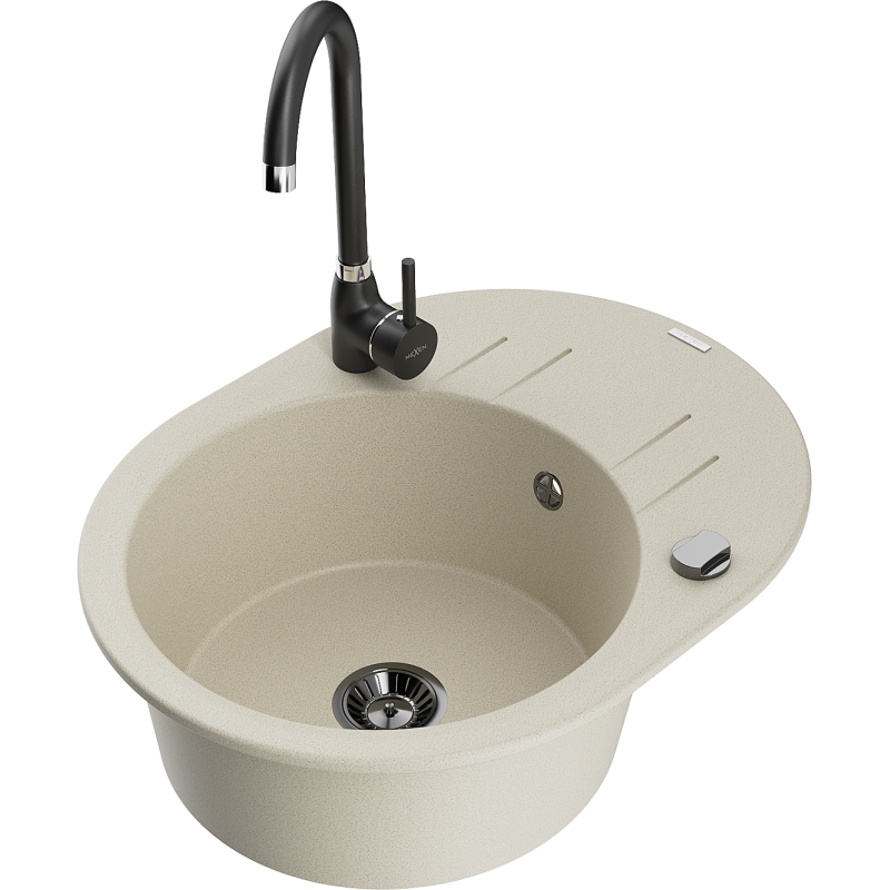 Mexen Kevin fregadero de granito de 1 cubeta con escurridor y grifo de cocina Telma, beige - 6517-69-670200-70