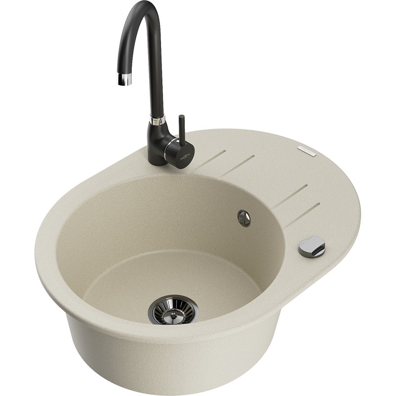 Mexen Kevin granit gootsteen 1-komma met druiprek en keukenkraan Telma, beige - 6517-69-670200-70