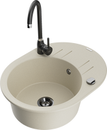 Mexen Kevin 1-bowl granite sink with drainer and Telma kitchen tap, beige - 6517-69-670200-70