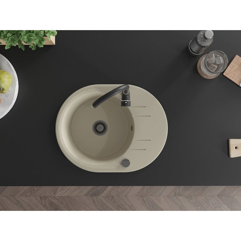 Mexen Kevin fregadero de granito de 1 cubeta con escurridor y grifo de cocina Telma, beige - 6517-69-670200-70
