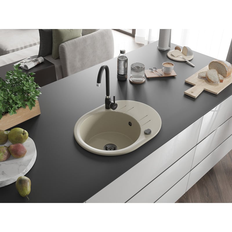 Mexen Kevin fregadero de granito de 1 cubeta con escurridor y grifo de cocina Telma, beige - 6517-69-670200-70