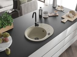 Mexen Kevin 1-bowl granite sink with drainer and Telma kitchen faucet, beige - 6517-69-670200-70