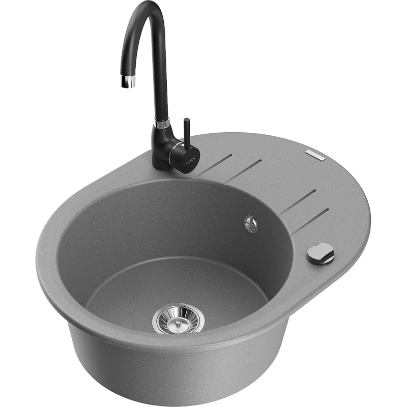 Mexen Kevin évier en granit 1 bac avec égouttoir et robinet de cuisine Telma, gris - 6517-71-670200-70