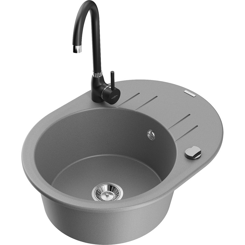 Mexen Kevin fregadero de granito de 1 cubeta con escurridor y grifo de cocina Telma, gris - 6517-71-670200-70