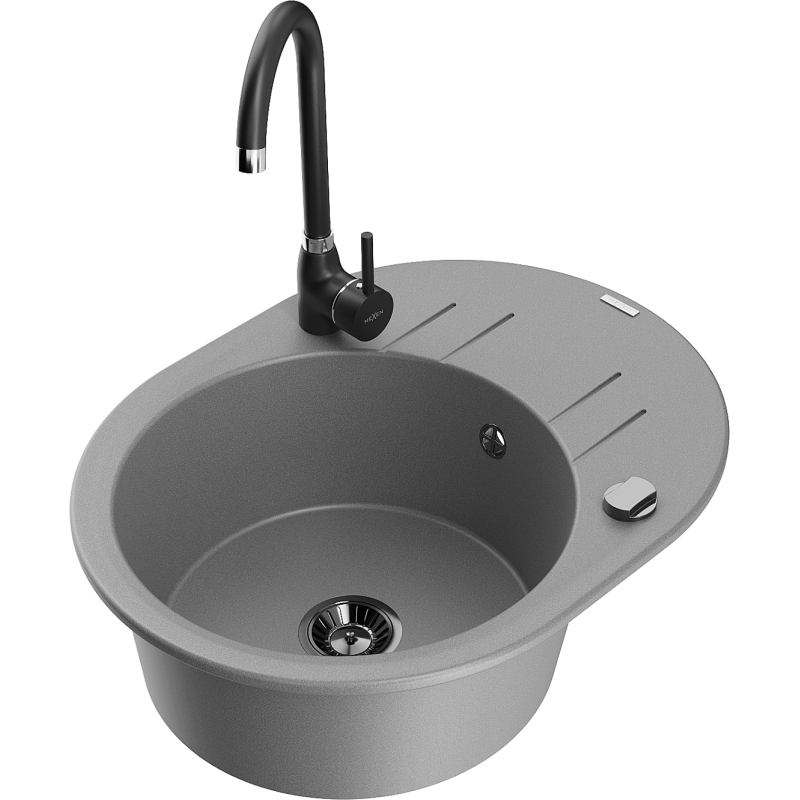 Mexen Kevin lava-loiça de granito de 1 bacia com escorredor e torneira de cozinha Telma, cinza - 6517-71-670200-70-B