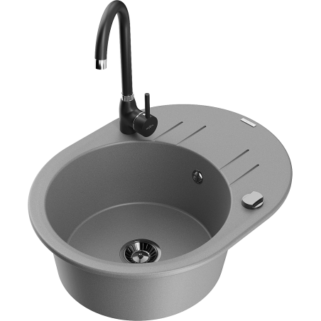 Mexen Kevin granite sink 1-bowl with drainer and Telma kitchen tap, grey - 6517-71-670200-70-B