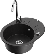 Mexen Kevin 1-bowl granite sink with drainer and Telma kitchen tap, black/silver metallic - 6517-73-670200-00