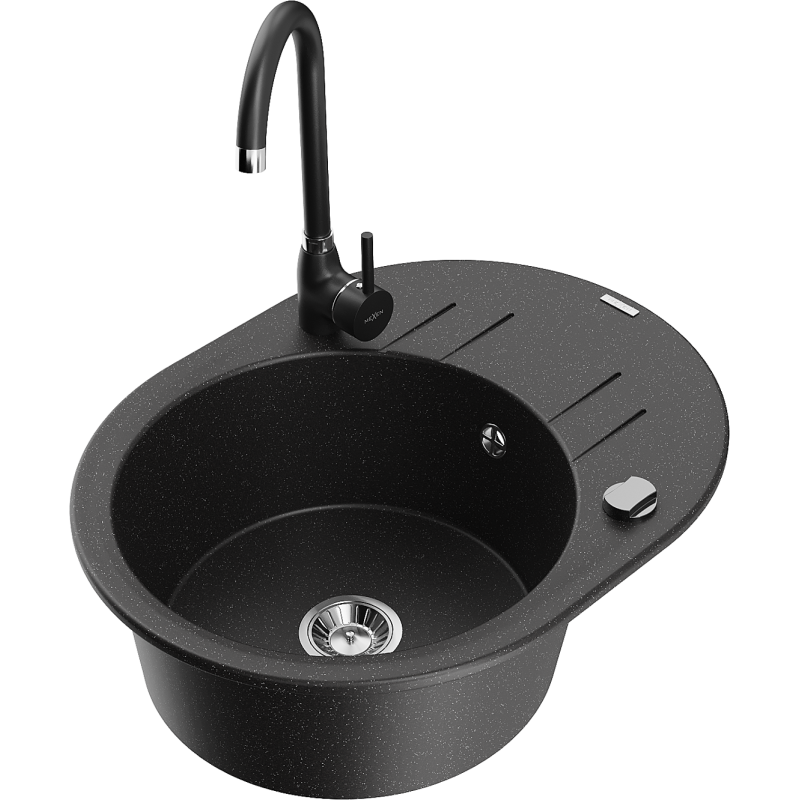 Mexen Kevin fregadero de granito de 1 cubeta con escurridor y grifo de cocina Telma, negro/plateado metálico