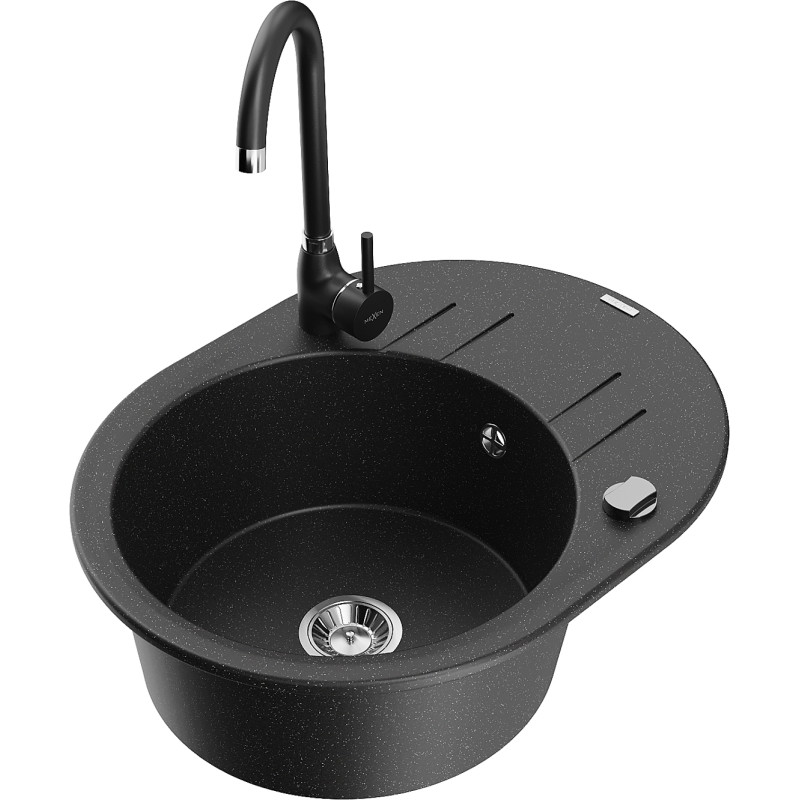 Mexen Kevin Granitspüle 1-Becken mit Abtropffläche und Küchenarmatur Telma, schwarz/silber Metallik - 6517-73-670200-70