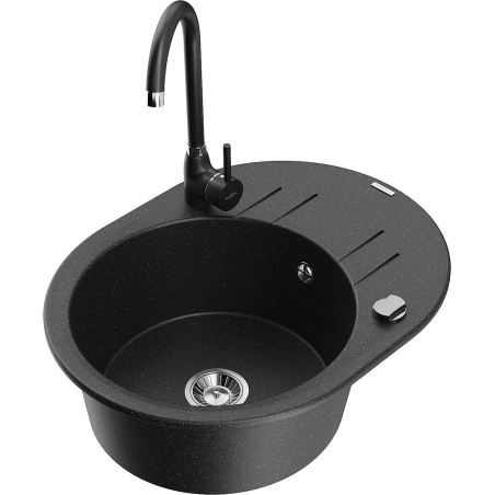 Mexen Kevin 1-bowl granite sink with drainer and Telma kitchen tap, black/silver metallic - 6517-73-670200-70