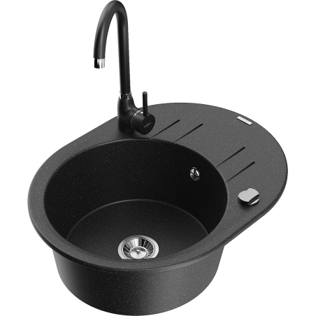 Mexen Kevin granitizlietne izlietne ar vienu nodalījumu, notecinātājs un Telma virtuves jaucējkrāns, melna/sudrabaina