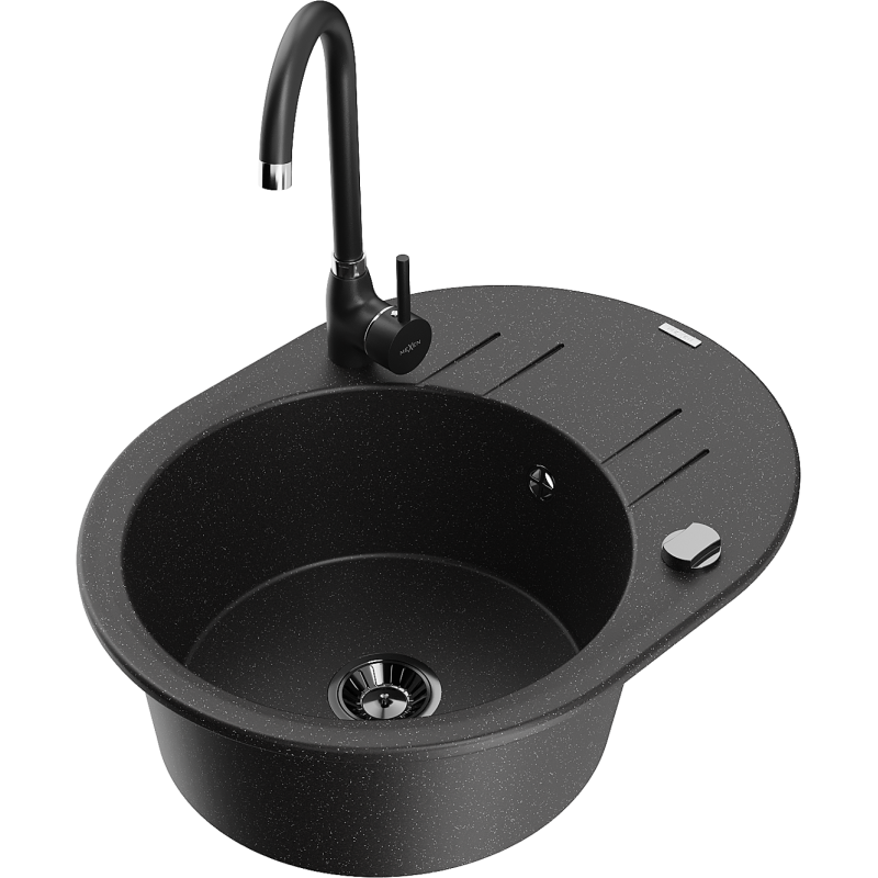 Mexen Kevin évier en granit à 1 bac avec égouttoir et robinet de cuisine Telma, noir/argent métallique - 6517-73-670200-70-B