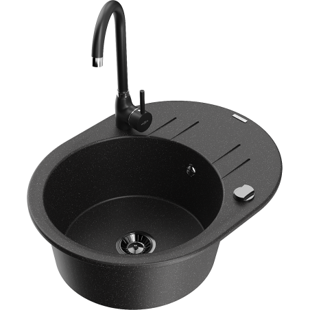 Mexen Kevin 1-bowl granite sink with drainer and Telma kitchen tap, black/silver metallic - 6517-73-670200-70-B
