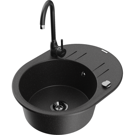 Mexen Kevin granite kitchen sink 1-bowl with drainer and Telma kitchen faucet, black/silver metallic - 6517-73-670200-70-B