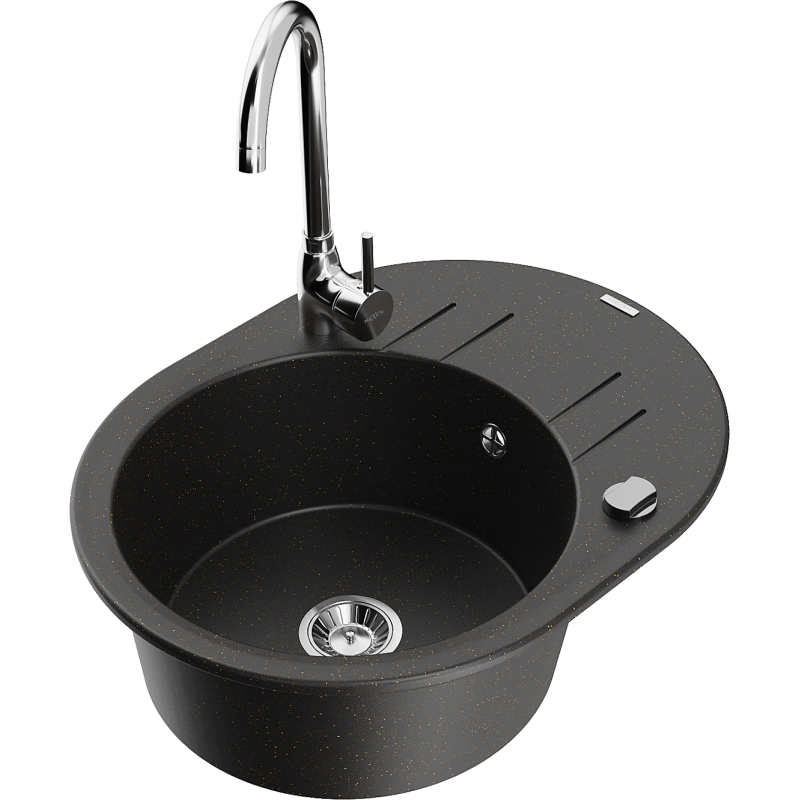 Mexen Kevin fregadero de granito de 1 seno con escurridor y grifo de cocina Telma, negro/dorado metálico - 6517-75-670200-00
