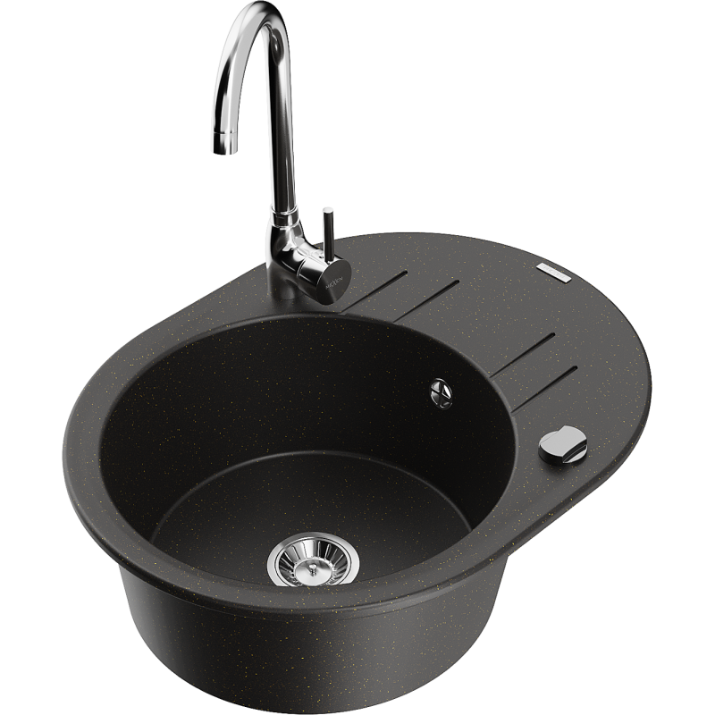 Mexen Kevin Granitspüle 1-beckig mit Abtropffläche und Küchenarmatur Telma, schwarz/gold metallic - 6517-75-670200-00